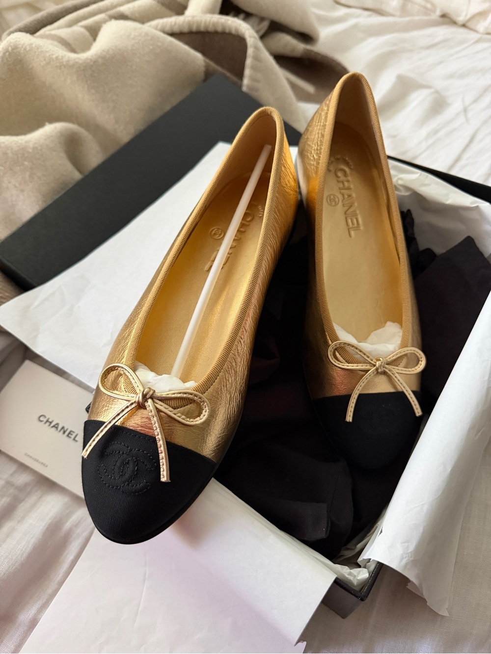 CHANEL Gold Ballet Flats with Black Toe | Size 38.5